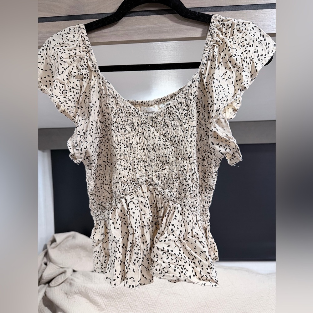 Ruffled Smocked Top with Black and White Print